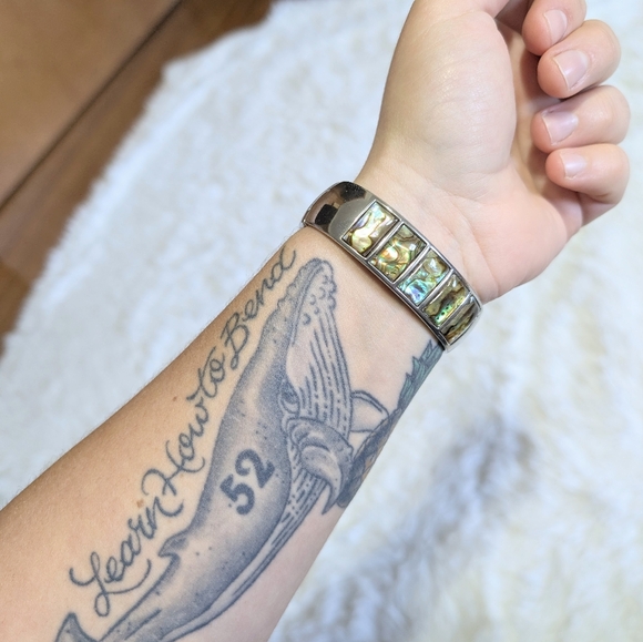 Vintage Jewelry - Vintage Abalone & Stainless Steel Bangle Bracelet Cuff